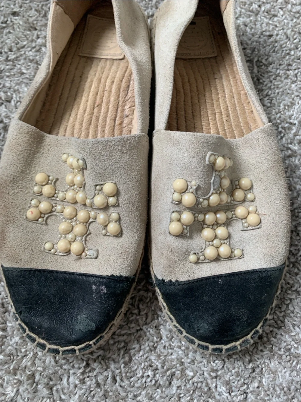 Tory Burch Pearl Logo Beige Suede Slip-On Espadrilles with Black Toe